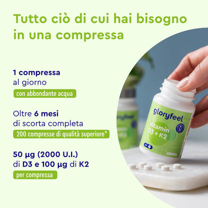 Vitamina D3 K2, Vitamina D, Qualità Premium K2VITAL®, 200 Compresse, Vitamina D3 2000 UI + 100 µg Vitamina K, Supporta Ossa, Denti, Articolazioni e Sistema Immunitario, Formula Ottimale