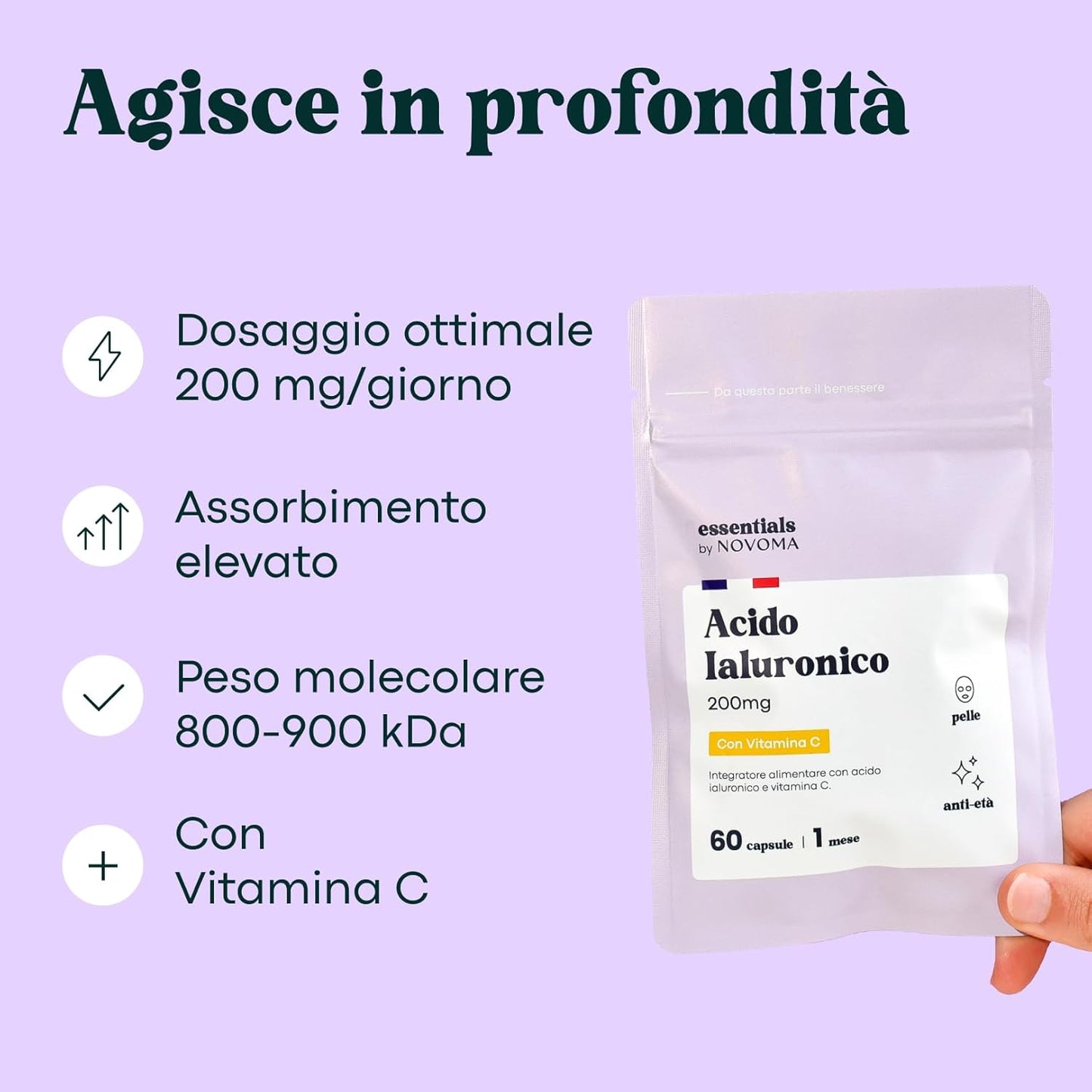 Acido Ialuronico Puro, 60 Capsule Vegane, Azione Anti-Età + Antirughe, 800-900 kDa, Trattamento di 1 mese, Idratazione della Pelle, Con Vitamina C, Prodotto in Francia, Essentials by Novoma