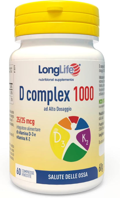 LongLife® D complex 1000 | Integratore vitamina D3 e K2 | Alto dosaggio |Senza glutine e Kosher