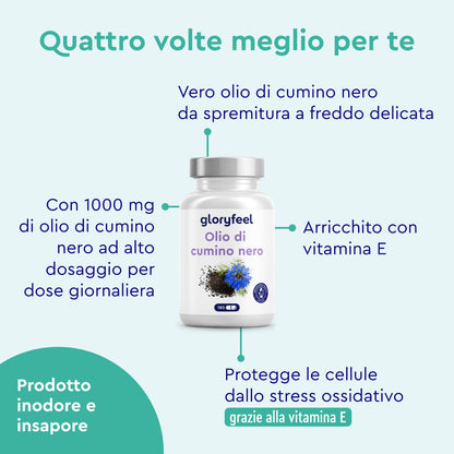 Olio di Cumino Nero 1000mg Puro Spremuto a Freddo, 180 Capsule, Cumino Nigella Sativa Ricco di Omega 6 e Vitamina E, Senza Glutine e Lattosio, Supporto per Difese Immunitarie e Benessere Cellulare