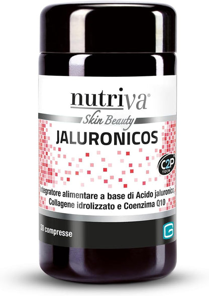 NUTRIVA Jaluronicos, Integratore Alimentare a Base di Acido Jaluronico, Collagene di Tipo II e Coenzima Q10, Ideale per il Benessere della Pelle, Contrasta l'Invecchiamento Cutaneo - 30 Compresse