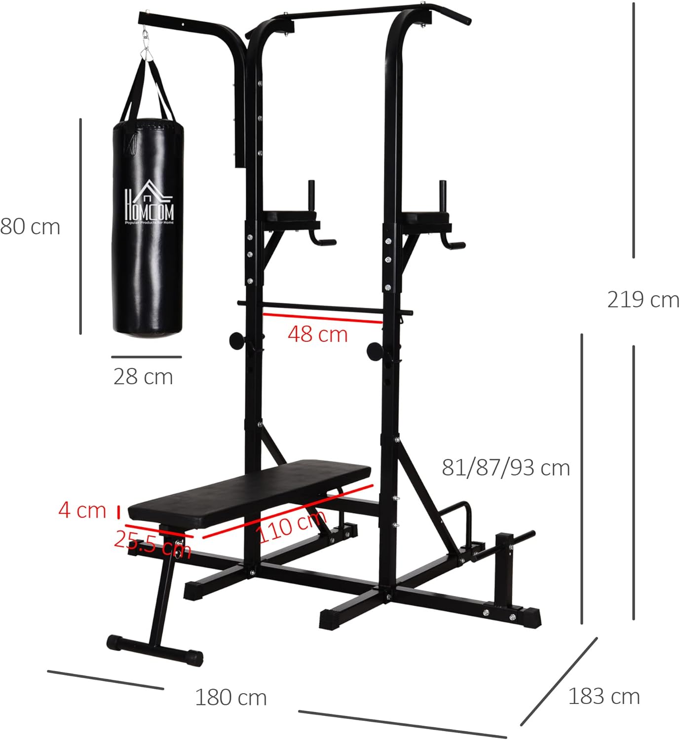 HOMCOM Power Tower con Panca e Sacco da Boxe di 20kg, Stazione Multiuso in Acciaio Nero per Allenamento Total Body