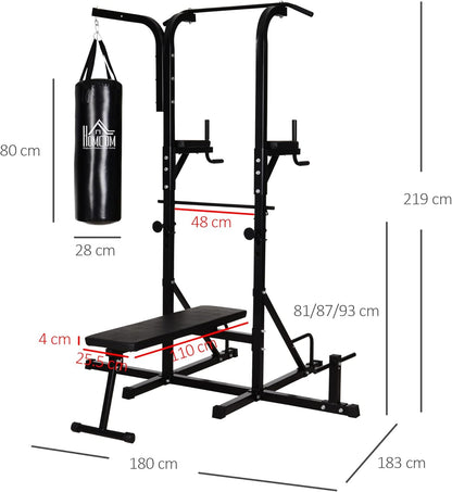 HOMCOM Power Tower con Panca e Sacco da Boxe di 20kg, Stazione Multiuso in Acciaio Nero per Allenamento Total Body