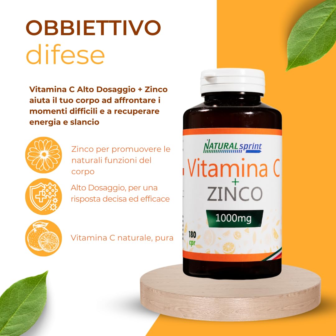 Vitamina C Pura Alto Dosaggio 1000mg + Zinco - 180 Compresse Per 6 Mesi-Vitamin C Dose Forte - Integratore Alimentare Made in Italy by NaturalSprint