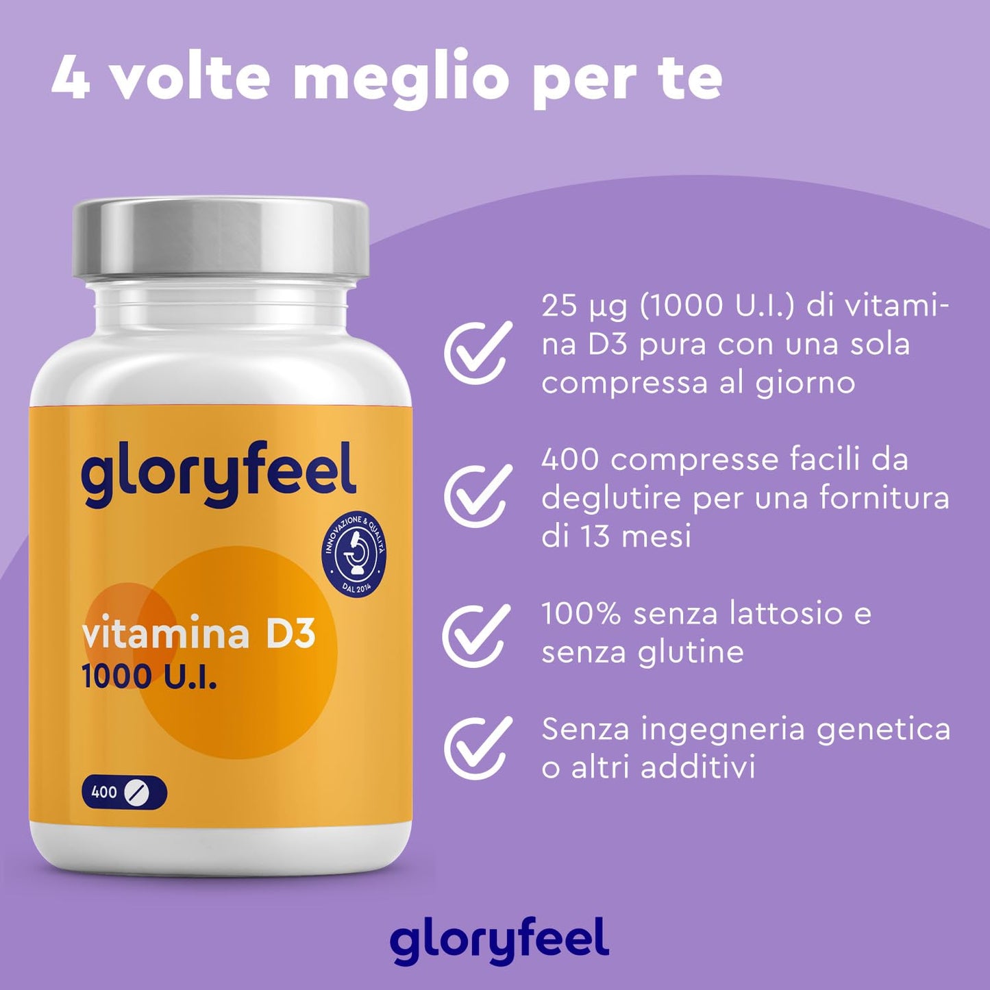 Vitamina D3 1000 IU per Compressa (25mcg), 400 Compresse (Scorta 1+ Anno), Vit D ad Alto Dosaggio, Integratore Vitamina D3 Colecalciferolo, Supporta Ossa, Denti, Muscoli e Difese Immunitarie