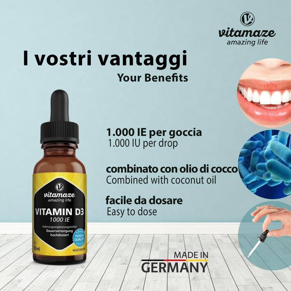 Vitamaze® Vitamina D3 Gocce 1000 UI, 50 ml (1750 Gocce) Alto Dosaggio, Colecalciferolo vegetariano, Alta Biodisponibilità, Qualità Tedesca, Naturale Pura Integratore senza Additivi non Necessari…