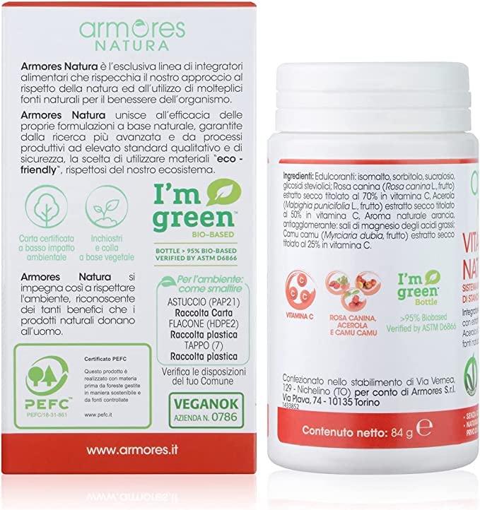 Armores Natura Integratori Alimentari, Vitamina C Naturale, Integratore a Base di Vitamina C da Acerola, Rosa Canina e Camu Camu, Aroma naturale Arancia, Vegano, 60 Compresse Masticabili