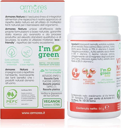 Armores Natura Integratori Alimentari, Vitamina C Naturale, Integratore a Base di Vitamina C da Acerola, Rosa Canina e Camu Camu, Aroma naturale Arancia, Vegano, 60 Compresse Masticabili