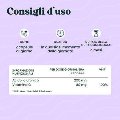 Acido Ialuronico Puro, 60 Capsule Vegane, Azione Anti-Età + Antirughe, 800-900 kDa, Trattamento di 1 mese, Idratazione della Pelle, Con Vitamina C, Prodotto in Francia, Essentials by Novoma