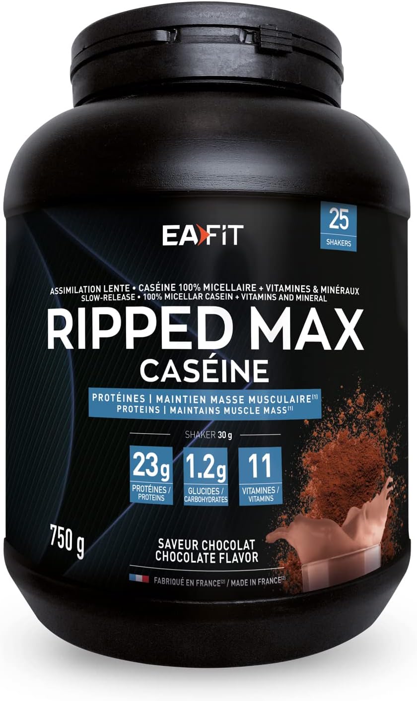 EAFIT Ripped Max Caseina Cioccolato - 750g - Proteine - Basso contenuto di Zuccheri e Lipidi - Crescita Muscolare - Caseina Micellare al 100% - Lenta Assimilazione - Anticatabolico - 5g di BCAA