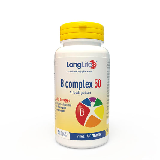 LongLife® B complex 50 | 11 vitamine del gruppo B | Formula completa alto dosaggio | Energia e difese immunitarie | Combatte stanchezza e stress | Senza glutine e vegano