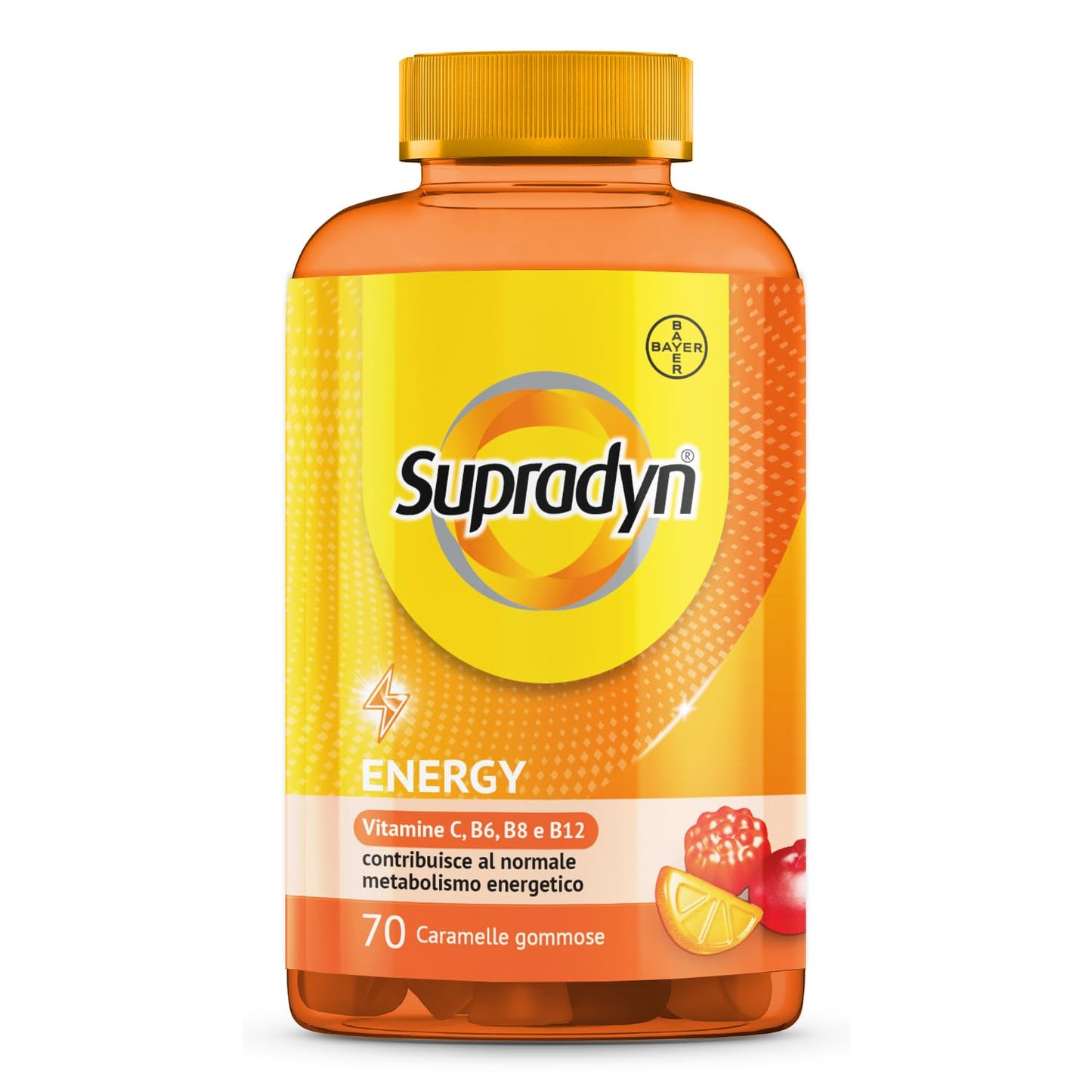 Supradyn Energy Multivitaminico Caramelle, Integratore Completo, con Vitamine A, B, C, D, E e Coenzima Q10, 70 Caramelle Gommose Multivitaminiche Gusto Ciliegia, Lampone e Arancia