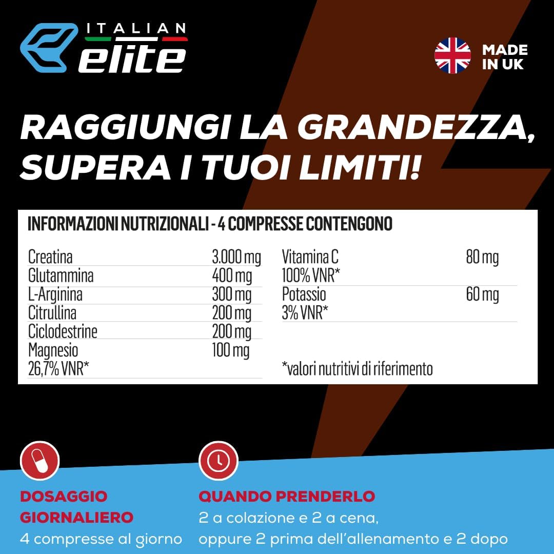 Italian Elite® Creatine Extreme, Creatina con Glutammina, Arginina, Citrullina, Vit C Magnesio, Potassio, Ciclodestrine. Pre Post Workout 120cp Monoidrata Micronizzata a Rapido Assorbimento Muscolare