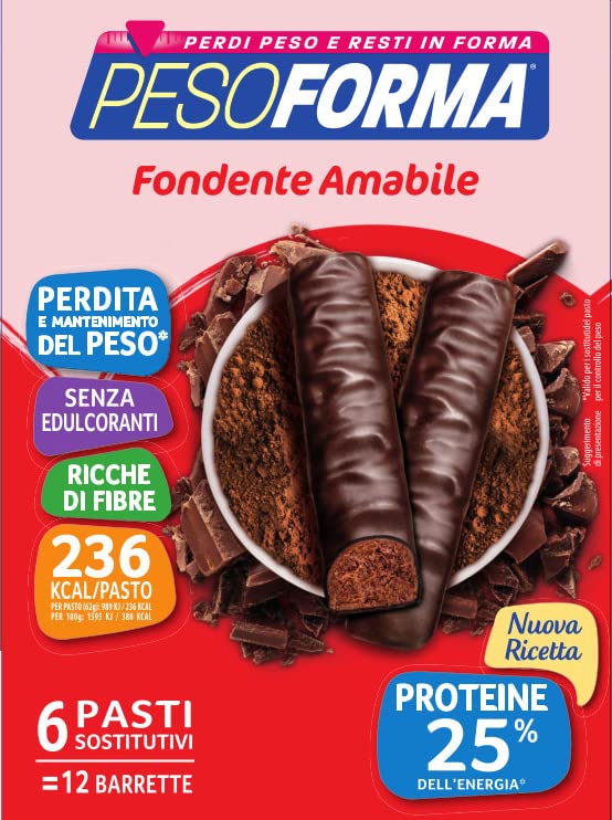 Pesoforma Barrette Fondente Amabile, Pasto sostitutivo proteico, Barrette per il controllo del peso, Barrette proteiche al cioccolato per restare in forma, Solo 236 calorie, 12x31g