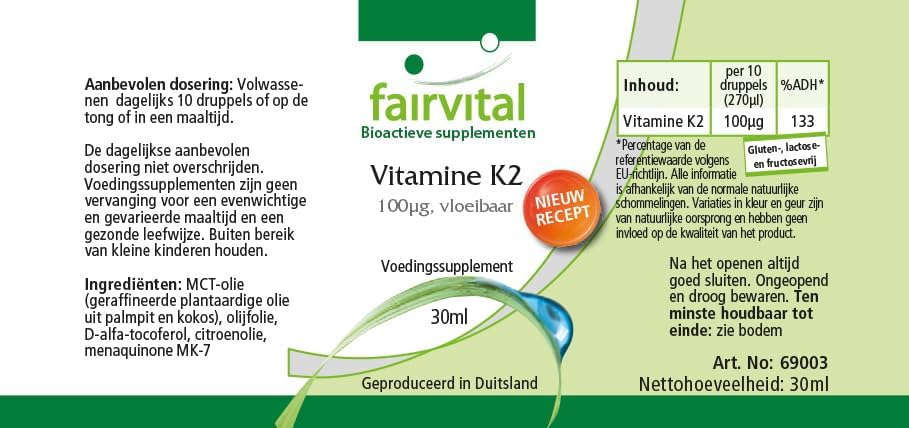 Fairvital | Vitamina K2 100mcg liquida - per 3 mesi - VEGAN - 30ml - menaquinone da natto - all-trans MK-7