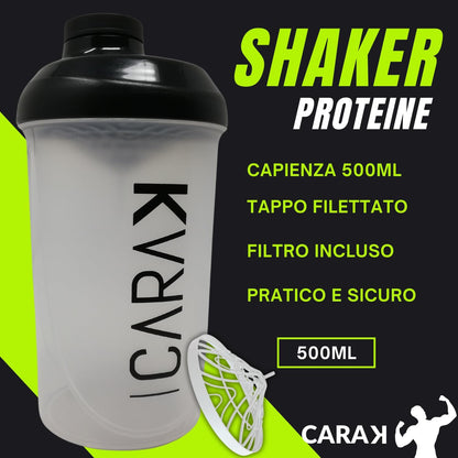 CARAK Shaker per proteine 500ML funzione miscelatore con filtro per infusione per frullati proteici per il fitness contenitore graduato con tappo filettato sicuro - lavabile