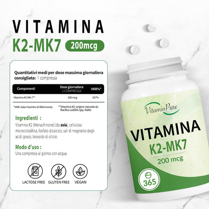 VitaminPure VITAMINA K2 MK-7 200mcg All Trans, 365 Compresse Vegane di Origine Naturale (Natto), Scorta 1 Anno, Vit K2 Menachinone MK-7