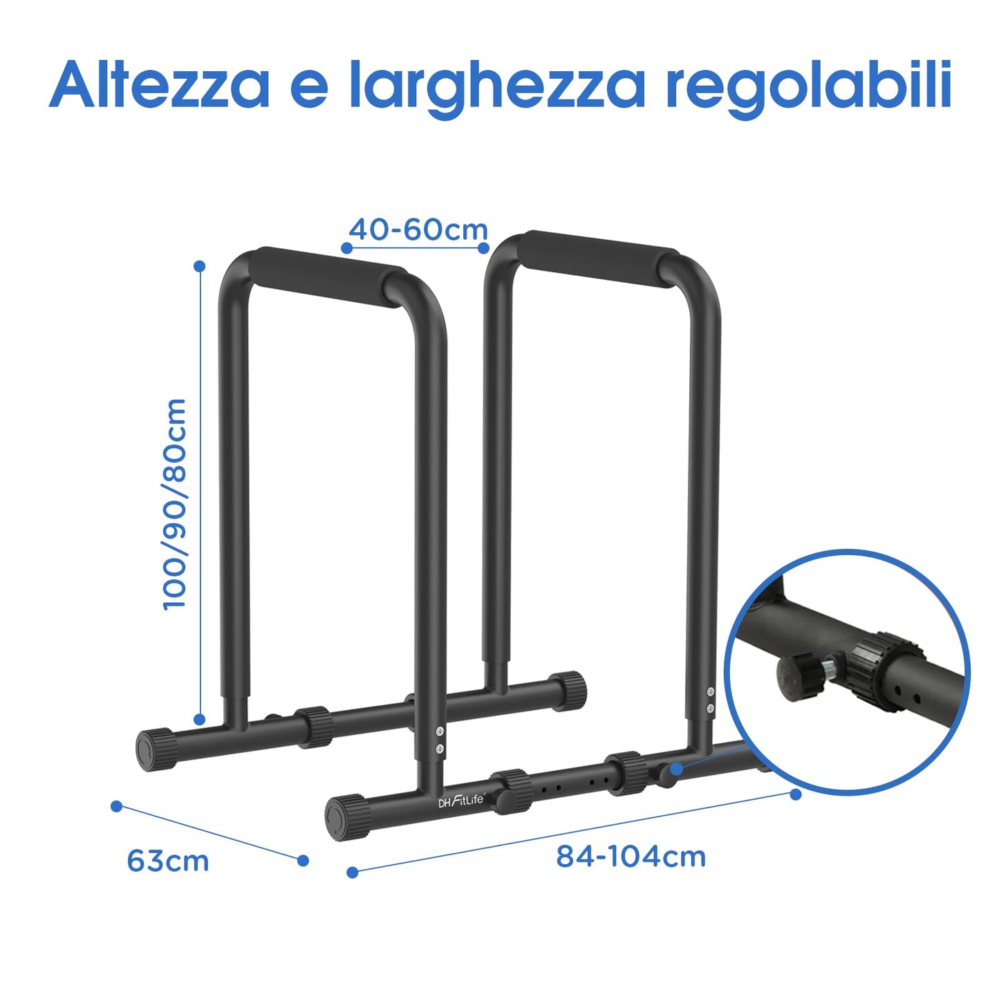 DH FitLife - Dip Parallele Calisthenics Robuste, Stabili e Versatili per Allenamento a Casa | Dip Station Regolabile in 2 Versioni: 3 o 9 Altezze, Ideale per Parallele Dip, Push Up e Sviluppo Forza