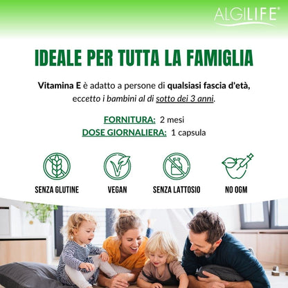 ALGILIFE Vitamina E | Integratore Vitamine E Pura Tocoferolo e Tocotrienolo | Antiossidante, 100% Naturale, Sviluppo e Mantenimento Funzione Nervosa e Muscolare (60 capsule vegetali, scorta 2 mesi)