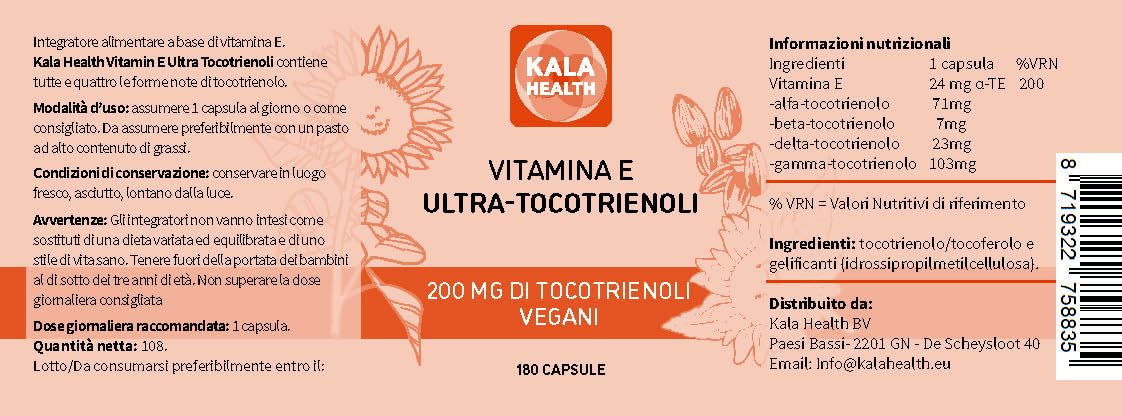 Kala Health Ultra Tocotrienol 200mg Vitamina E Vegana - Tutti e 4 i Tocotrienoli - Alfa Tocotrienolo + Beta Tocotrienolo + Gamma Tocotrienolo + Delta Tocotrienolo - Senza Tocoferoli (30)