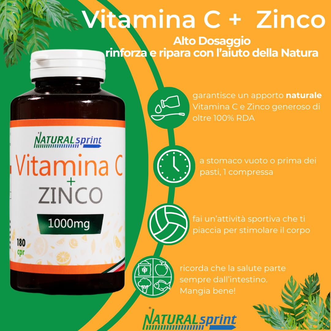 Vitamina C Pura Alto Dosaggio 1000mg + Zinco - 180 Compresse Per 6 Mesi-Vitamin C Dose Forte - Integratore Alimentare Made in Italy by NaturalSprint