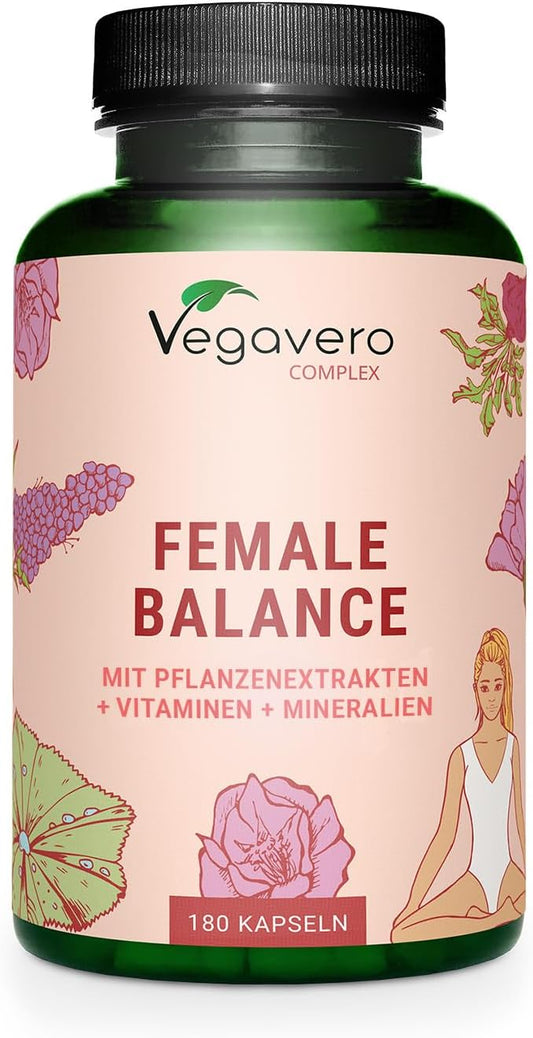 FEMALE BALANCE | 180 capsule | per Squilibrio Ormonale con Agnocasto, Maca, Magnesio, Acido Folico, Vitamine e Minerali | Amenorrea e PMS | Vegan e Senza Additivi | Vegavero®