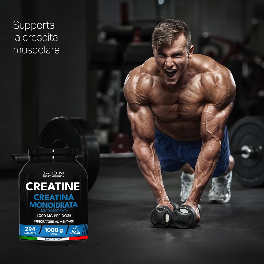 Bandini® Creatina Monoidrata Micronizzata 1kg/1000g in Polvere Pura e Vegana al 100% - Integratore Alimentare per Palestra, Sport, Fitness e Pre Workout - A base di Creatine Monoidrato