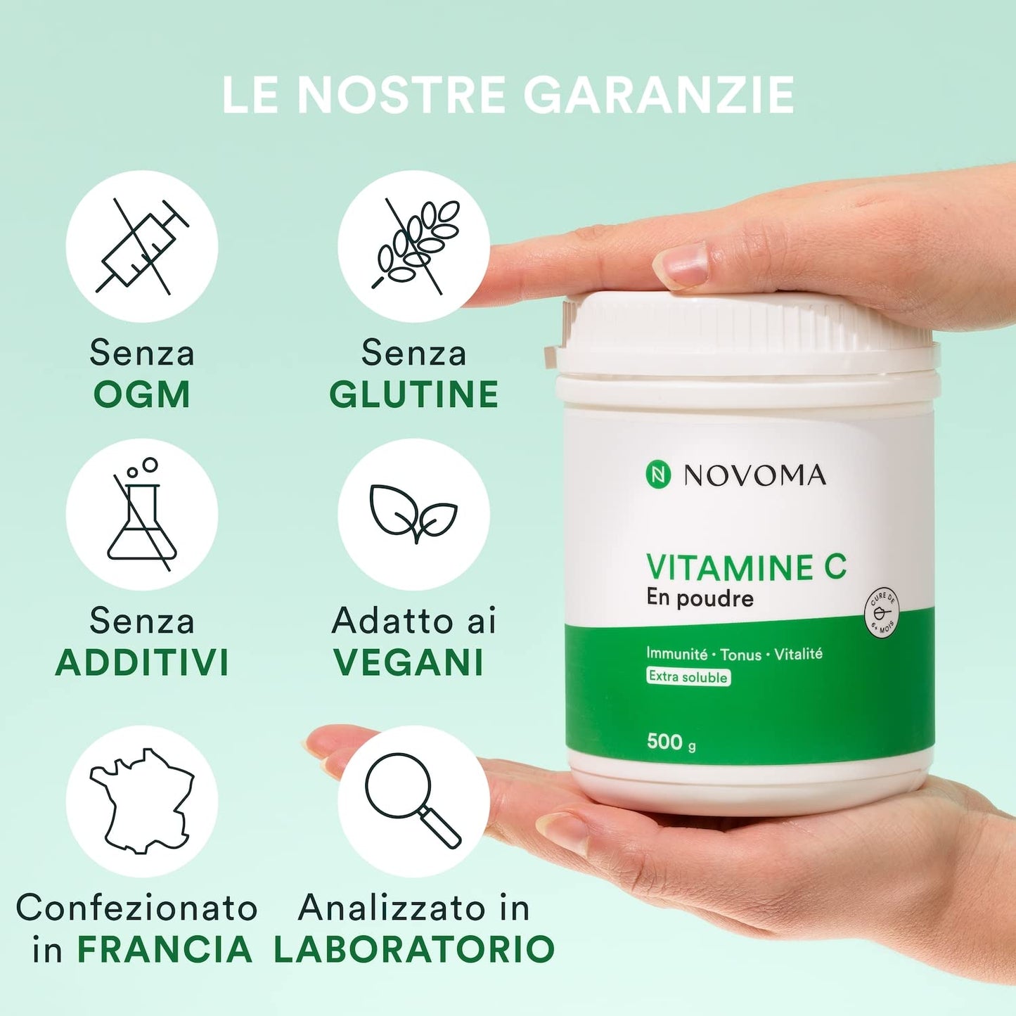 NOVOMA Vitamina C Polvere Pura 500 g, 1000mg Vitamina C per dose, Acido Ascorbico Puro in Polvere Ultra Fine, Sistema Immunitario e Stanchezza, Cucchiaio di Misurazione Incluso (ex Nutrivita)