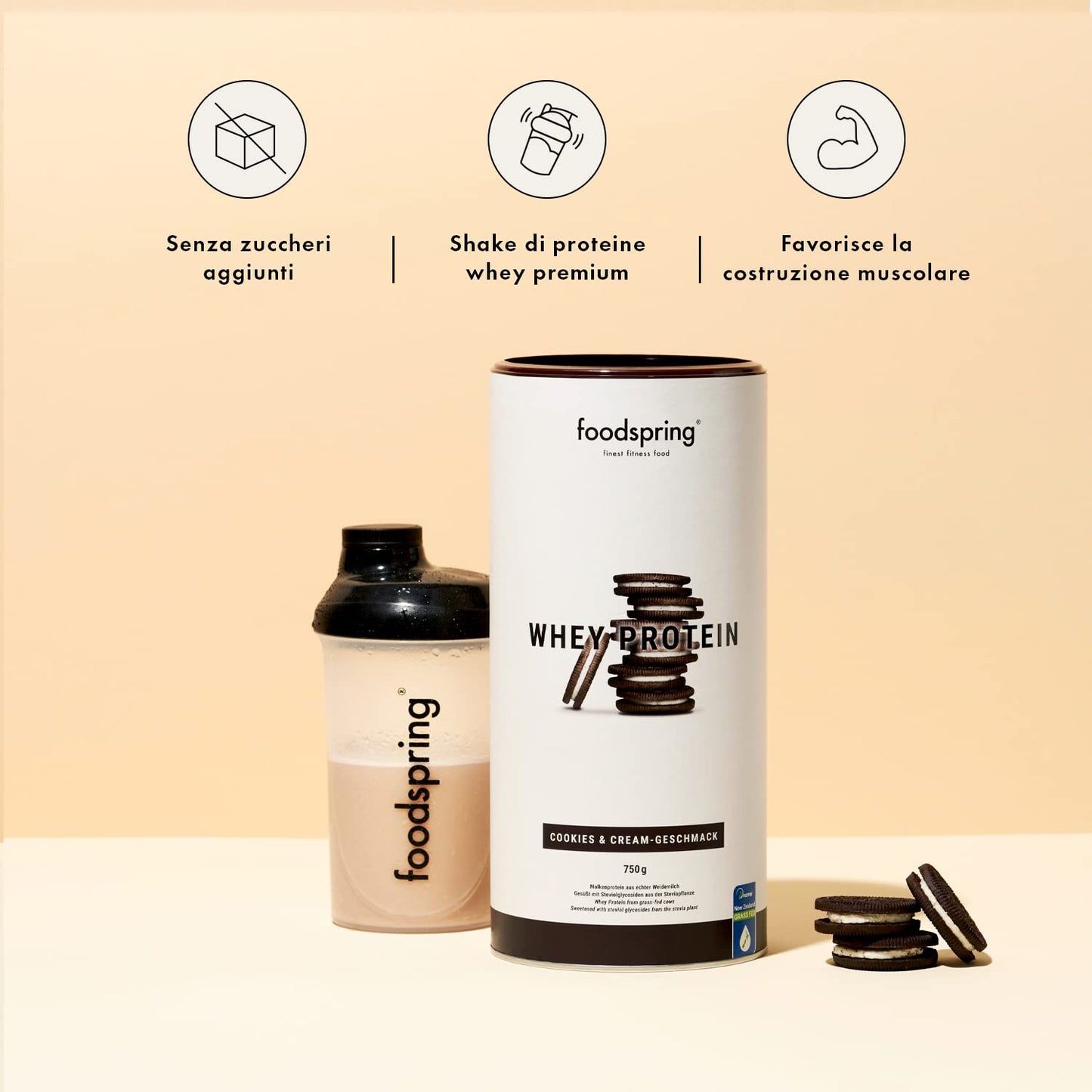 foodspring - Proteine Whey in polvere Cioccolato - Con 21 g di proteine per l'aumento muscolare, perfetta solubilità, ultra-filtrate & ricche di BCAA ed EAA - gusto pieno e delizioso (750 g)