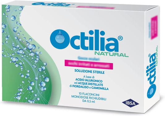 Octilia Natural Gocce Oculari Acido Ialuronico Gocce Occhi Acque Distillate Di Fiordaliso E Camomilla Gocce Per Occhi Irritati E Arrossati in 10 Flaconcini Monodose Richiudibili Da 0,5ml