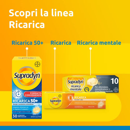 Supradyn Ricarica 50+ Integratore Multivitaminico Completo Vitamine E Minerali Con Vitamina B12, C, D, Zinco Per Stanchezza Fisica E Concentrazione Dai 50 Anni Uomo E Donna, 30 Compresse Effervescenti