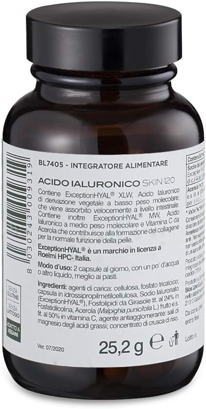 BIOS LINE Principium Acido Ialuronico Skin 120, Integratore collagene con acido ialuronico e vitamina c, Integratore pelle naturale senza glutine e senza lattosio, 60 capsule vegetali