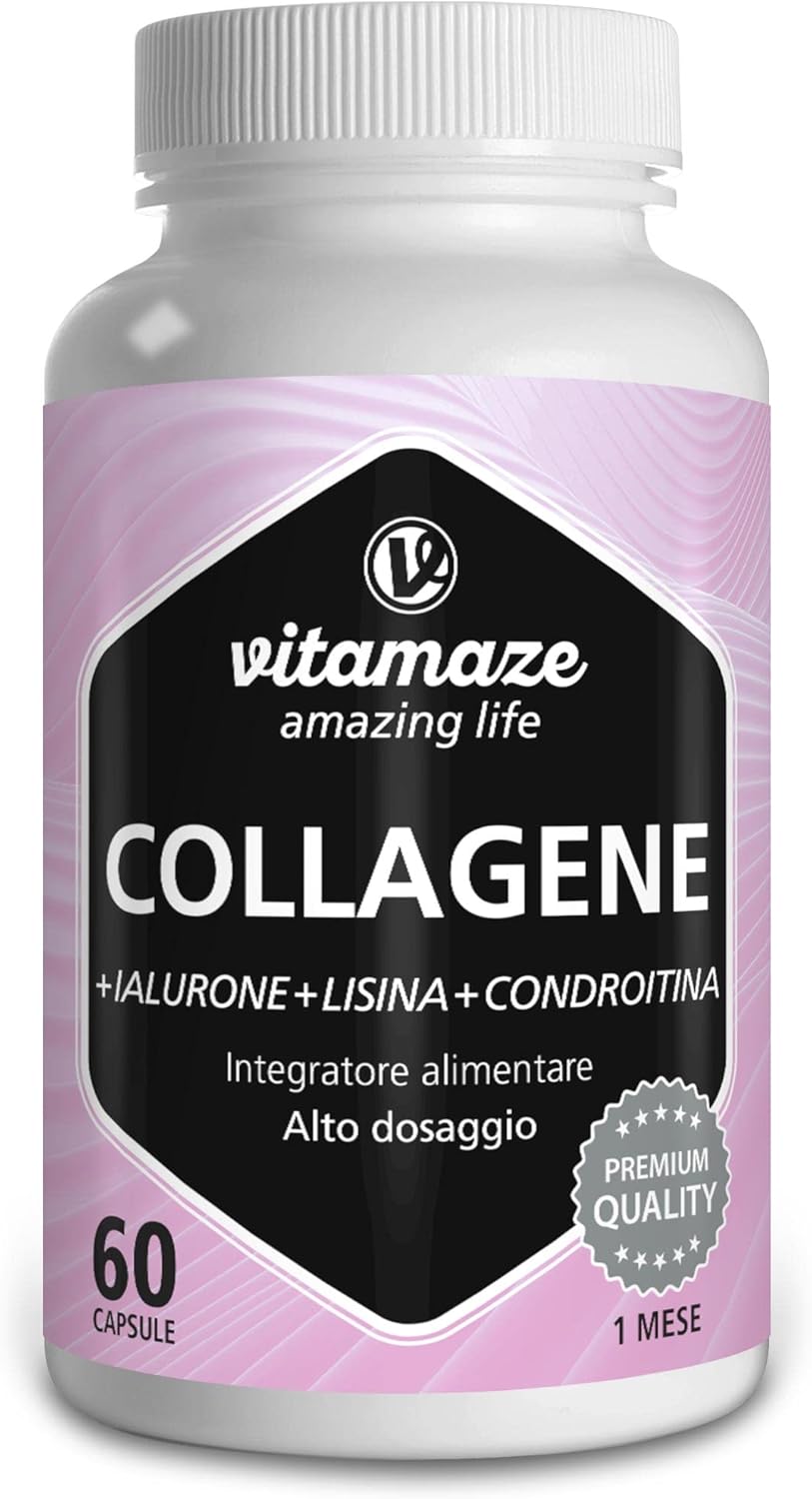 Vitamaze® Collagene con Acido Ialuronico + Condroitina + Lisina, 60 Capsule Idrolizzato, senza Additivi non Necessari.