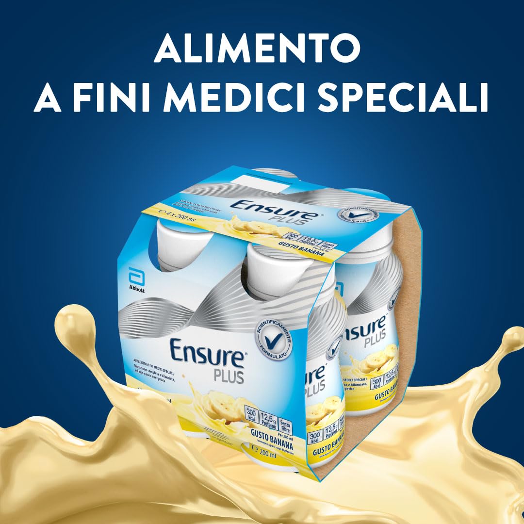 Ensure Plus Supplemento Nutrizionale Ipercalorico con Proteine, privo di Fibre |Formato bevanda| Alimento a fini medici speciali completo e bilanciato | Confezione 4x200ml Gusto Vaniglia