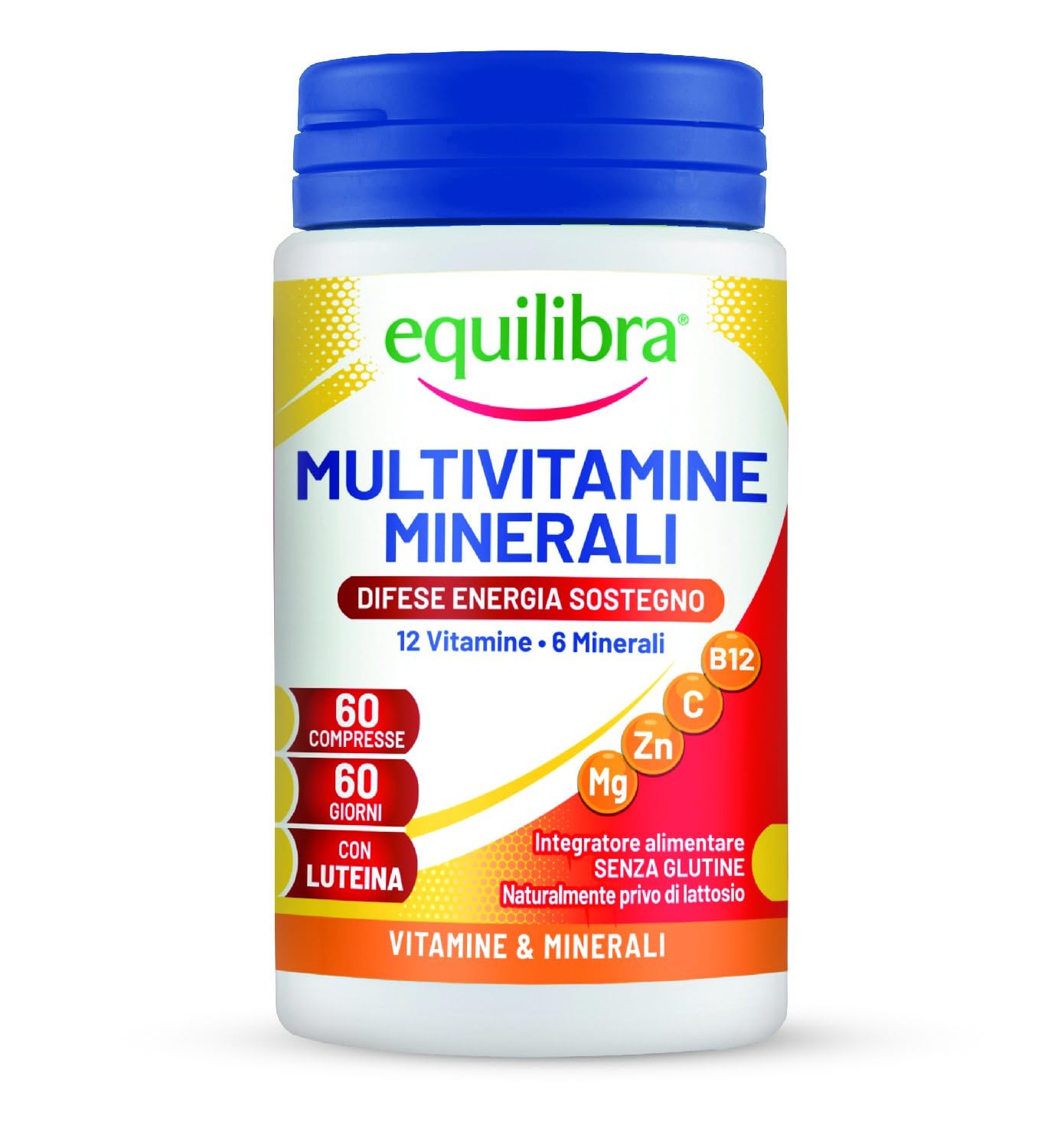 equilibra Integratori Alimentari, Multivitamine e Minerali, a base di 12 Vitamine e 6 Minerali con Luteina, Indicato per Diete Povere di Minerali e Vitamine o Aumentato Fabbisogno, 60 Compresse