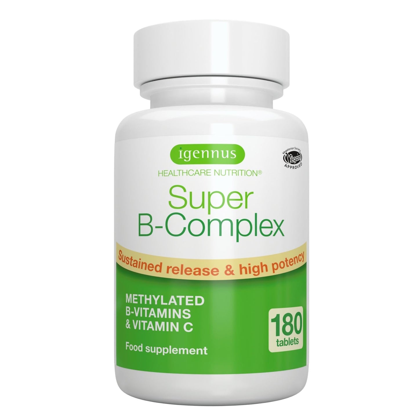 Super B - Vitamina B Complex ad Alto Assorbimento e Rilascio Prolungato,B1,B2,B3,B5 B6,B12, Biotina, Folato e Vitamina C - 60 Compresse Vegane – Igennus