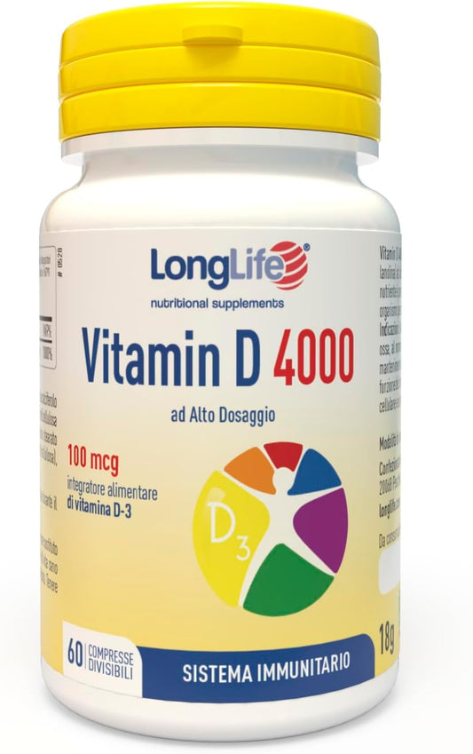 LongLife® Vitamin D 4000 | Alto dosaggio vitamina D3 naturale | 4 mesi di trattamento | Difese immunitarie, salute di ossa e denti | Metabolismo del calcio | Senza glutine e vegetariano