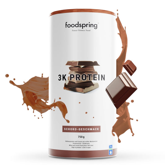 foodspring - Proteine in polvere 3K Cioccolato 750g - Polvere proteica multicomponente a base di whey, caseina, proteine a base di uovo e BCAA - Senza zucchero e ad alto contenuto proteico