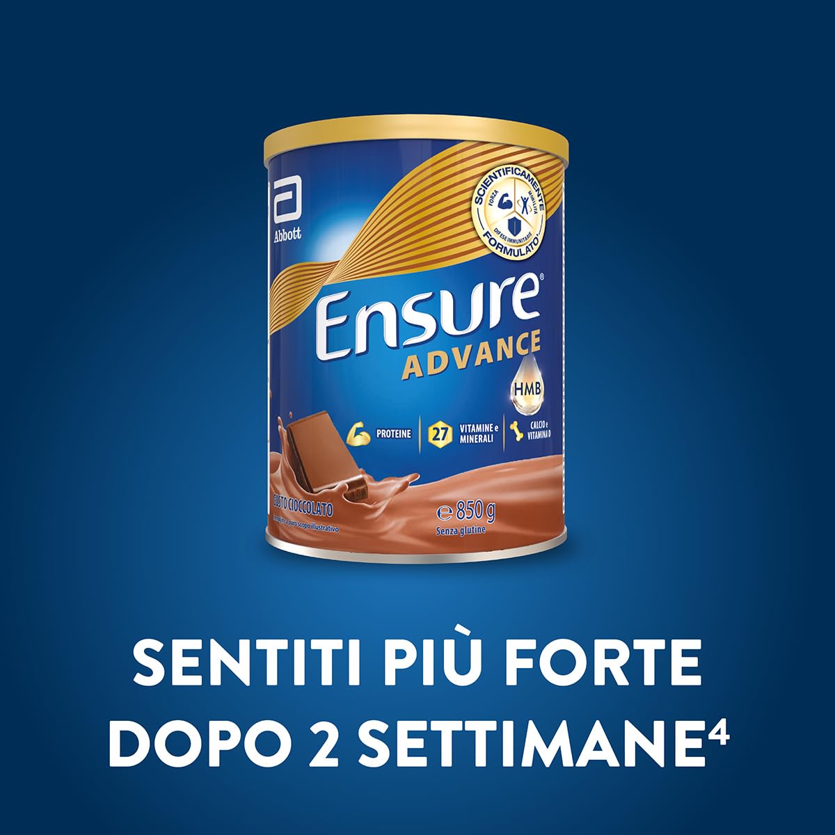 Ensure Advance Integratore Alimentare Proteico in Polvere, con 27 Vitamine e Minerali, Integratore Alimentare con Proteine, Calcio e HMB, Confezione 850g, Gusto Cioccolato