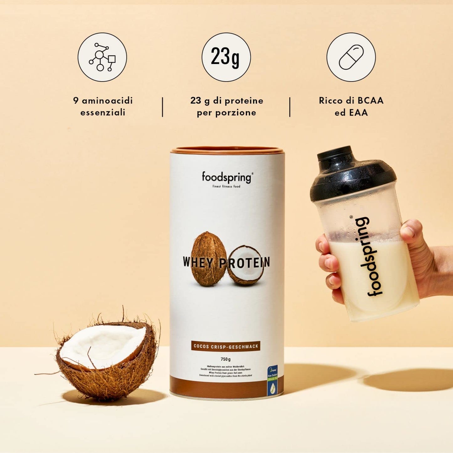 foodspring - Proteine Whey in polvere Cioccolato - Con 21 g di proteine per l'aumento muscolare, perfetta solubilità, ultra-filtrate & ricche di BCAA ed EAA - gusto pieno e delizioso (750 g)