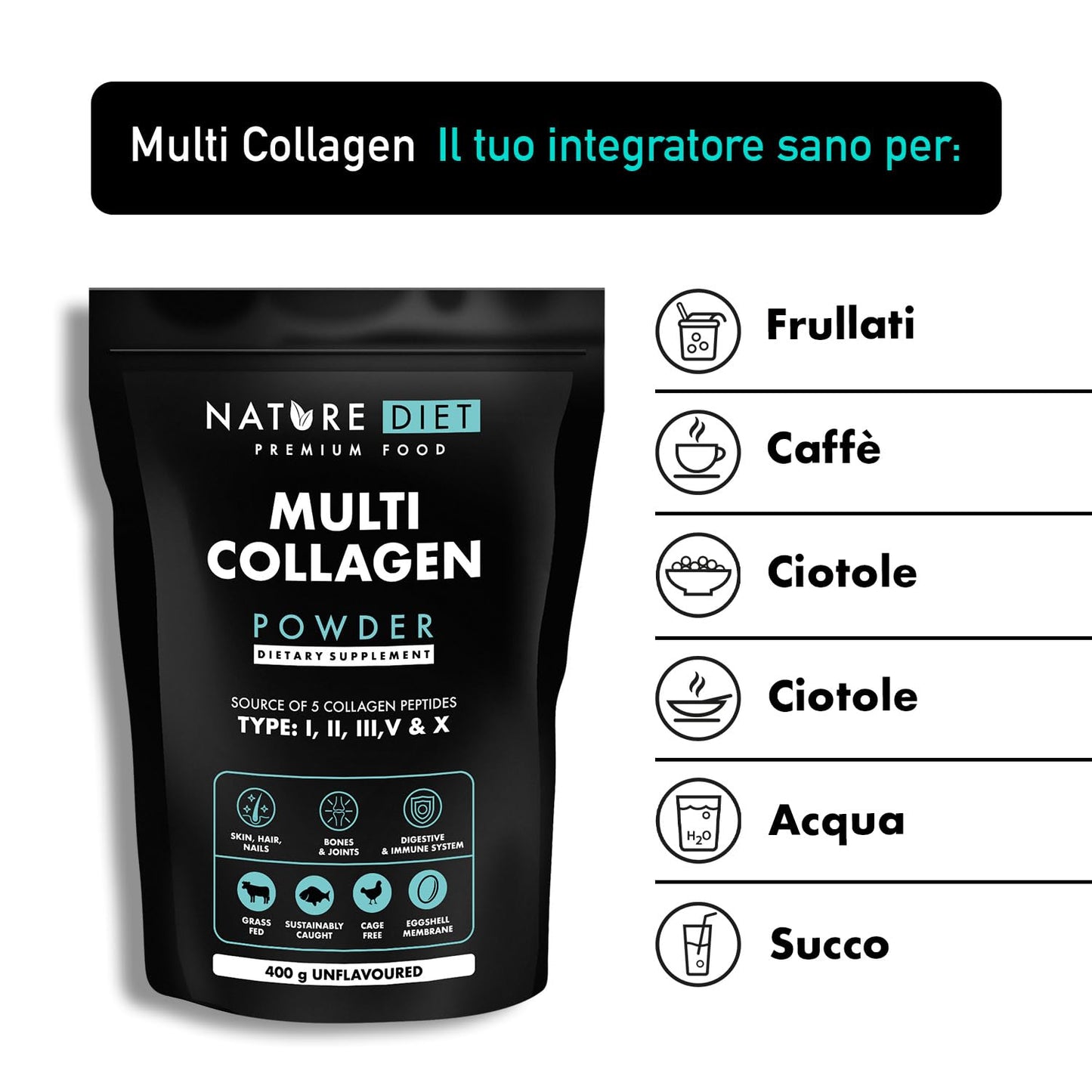 Nature Diet Multi Collagene in Polvere Non Aromatizzato Idrolizzato Collagene peptidico di tipo: I, II, III, V e X, altamente biodisponibile, collageno peptide, 400G