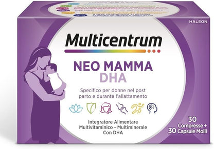 Multicentrum Neo Mamma DHA, Integratore Multivitaminico specifico per la donna dopo la gravidanza e durante l'allattamento, ricco di Acido Folico, Vitamina d, b12 e biotina, 30cpr +30 capsule molli