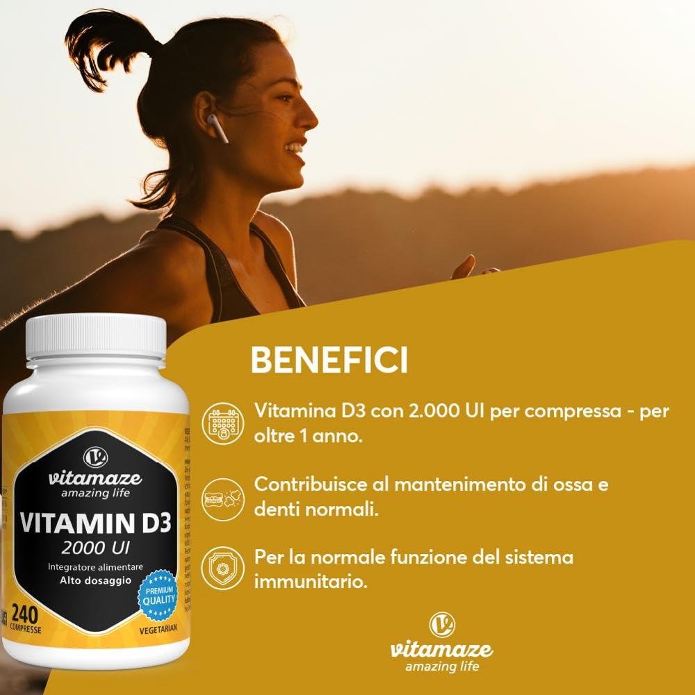 Vitamaze® Vitamina D3 240 compresse Alto dosaggio e vegetariana per più di 1 anno, 2000 UI, 50 mcg di colecalciferolo puro, integratore alimentare naturale senza additivi, Prodotto in Germania