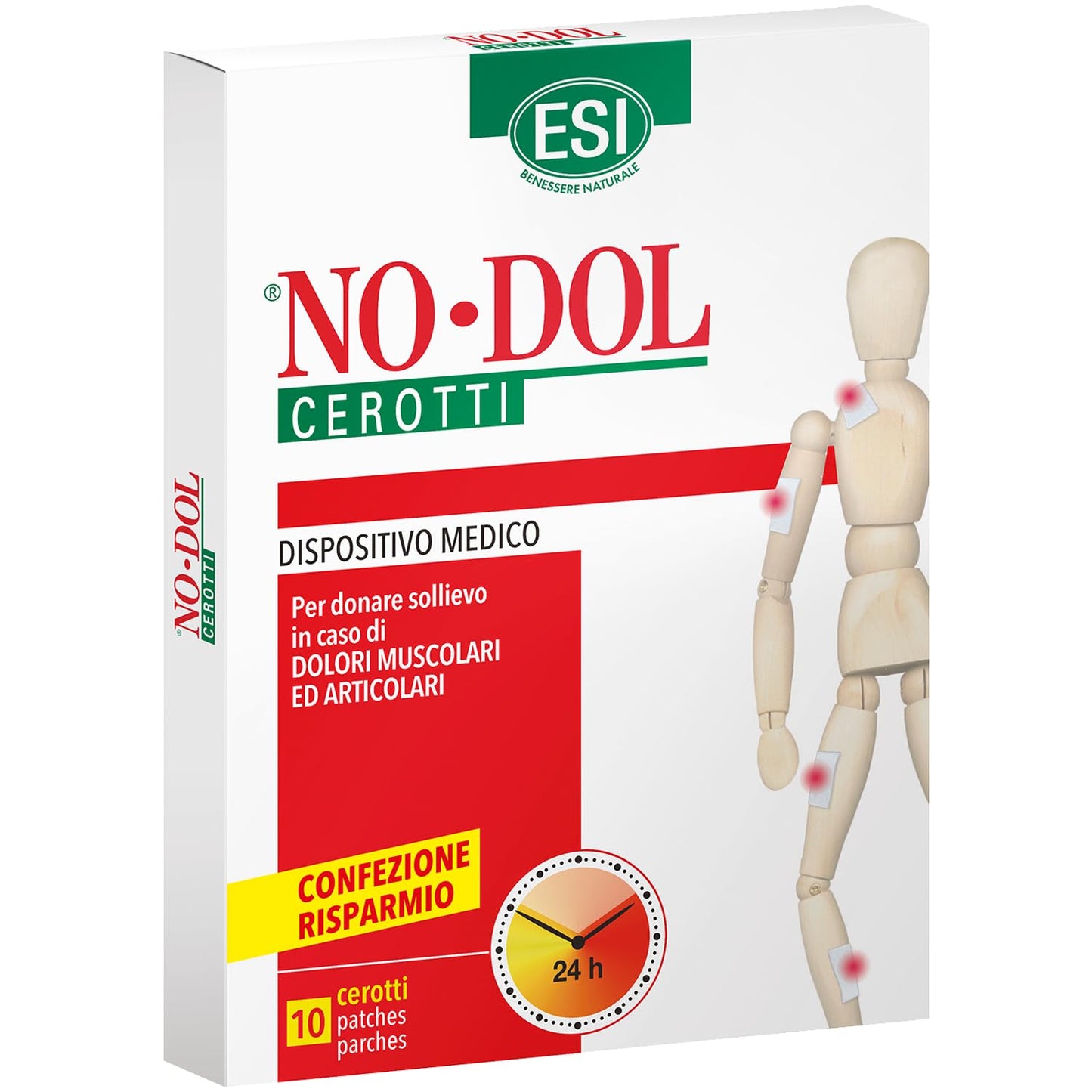 ESI - No-Dol Cerotti con Arnica, Artiglio del Diavolo e Canfora, Allevia Dolori Muscolari, Articolari e Contratture, Dona Sollievo Fino a 24 Ore, Senza Coloranti e Parabeni, 10 Pezzi