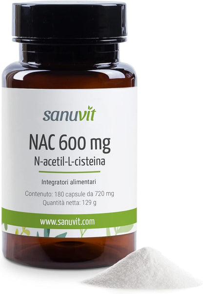 Sanuvit® - NAC 600 mg per capsula | 180 capsule | N-acetil-L-cisteina 100% NATURALE da Mais | Elevata biodisponibilità e tolleranza | Vegano