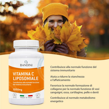 Bandini® Vitamina C Liposomiale 1000mg, 3 mesi, Vegana | Vit C 100% Vegana ad Alto dosaggio | Sistema Immunitario, Ossa, Cartilagini, Pelle, Denti, Stanchezza | Vitamin C Pura Acido Ascorbico 180 cps