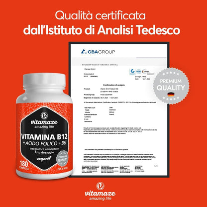 Vitamina B12 1000 mcg + 375 mcg Acido Folico + Vitamina B6 ad alto Dosaggio (6 mesi di trattamento) 180 Compresse Vegan, Qualità Tedesca. Vitamaze®