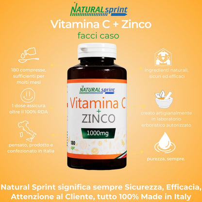 Vitamina C Pura Alto Dosaggio 1000mg + Zinco - 180 Compresse Per 6 Mesi-Vitamin C Dose Forte - Integratore Alimentare Made in Italy by NaturalSprint