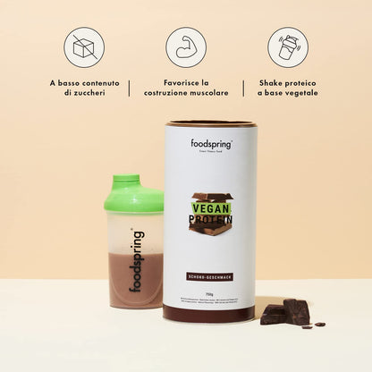 foodspring Proteine Vegane Cioccolato - 20g Proteine per Shake - Proteine Vegetali con B12, B6, acido folico, biotina, calcio e zinco - Senza Glutine e Soia