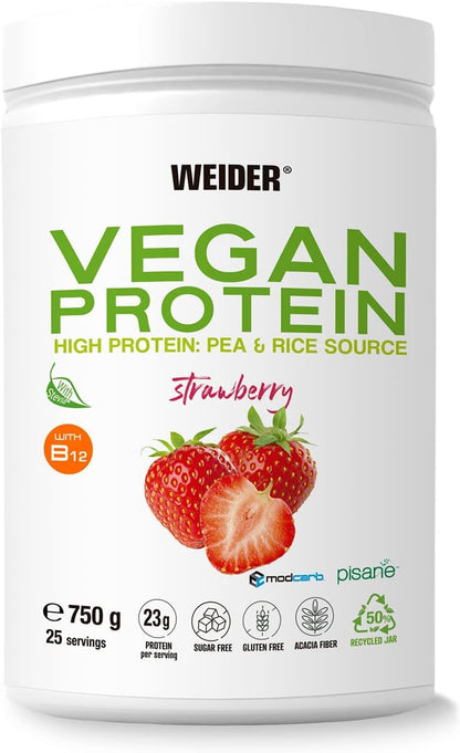 Weider Vegan Protein (750g) Gusto Cappuccino. Proteine Vegane 23g/dose isolate di piselli e riso, Con Vitamina B12 e Stevia, Senza Glutine, Senza Zucchero, Contenitore 50% Riciclato, 100% Riciclabile